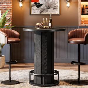 Tribesigns Round Bar Table, 39.4" H Wood Bistro Pub Table with Metal Ring Footrest for Dining Coffee Cocktail Living Room, Small Space, Black(Only Table)