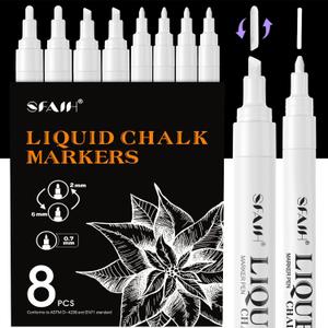 SFAIH White Liquid Chalk Markers for Blackboard, Glass - [Wet Wipe No Residue] 8 Pack- (4x) 2mm/4mm Reversible & (4x) 0.7mm Fine Tip, Ultra Flow Triple-Tips - Menu, Bistro, Signs, Windows, Food Labels