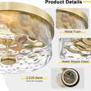 Flush Mount Ceiling Light with Water Ripple Glass Shade, Modern 2-Light Ceiling-Mount Light Fixtures for Bedroom Living Room Gold Metal Farmhous Ceiling Lamp for Lighting and Decoration,Brushed Gold
