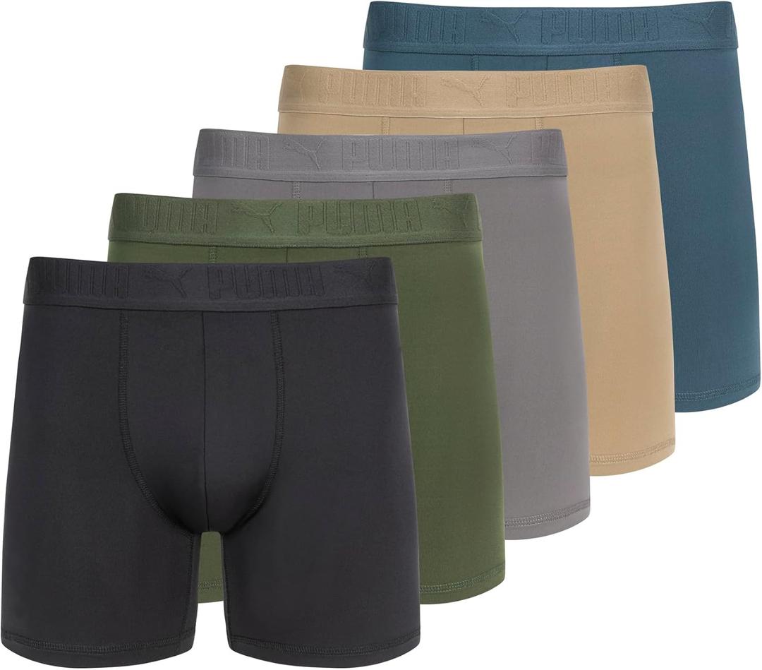PUMA Mens 5 Pack Performance Boxer Briefs (Olive/Blue/Black)