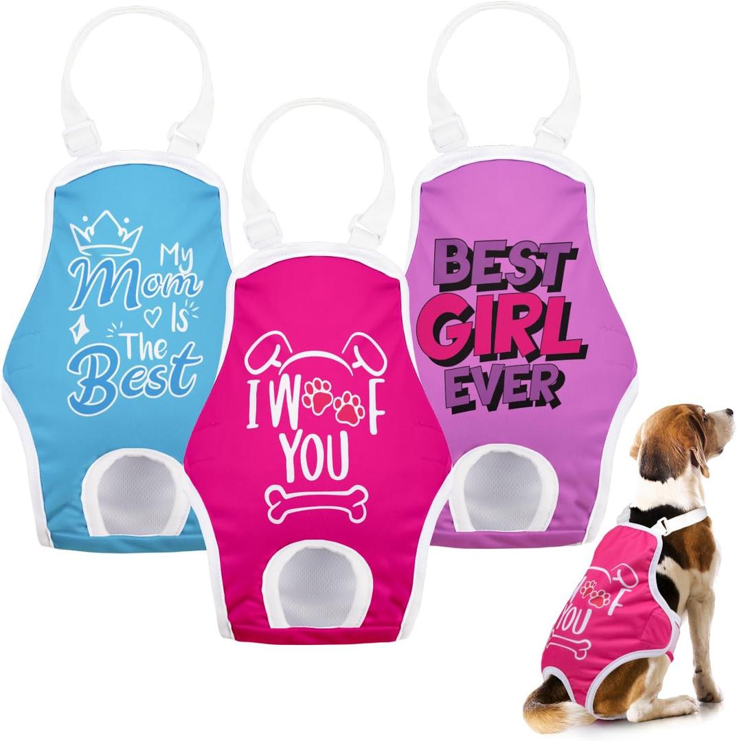 Dog Diapers Sanitary Panties with Adjustable Suspender, 3 Pack Washable Dog Period Diapers, Reusable Doggie Underwear for Puppy in Heat (My Mom is The Best, XL)