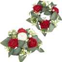 2 PCS Red Artificial Flowers Candle Rings Wreaths for Pillars, Velvet Rose Candle Wreath Rings for Wedding Table Centerpieces, Valentine's Day, Farmhouse Home (Red)