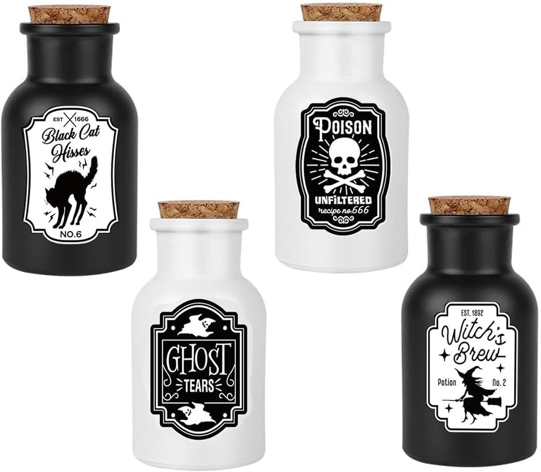 Halloween Decorations for Home - Set of 4 Apothecary Potion Bottles with stickers - Scary Witch Poison Ghosts Black Cat Farmhouse Tiered Tray Decor For Home Table Party Supplies