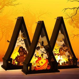 3 Pieces Halloween Lanterns Decoration 6.1" Height Retro Hanging Lamp Halloween Pumpkins Castle Flameless Candle Holder Triangular Lantern for Home Indoor Outdoor Party Supplies
