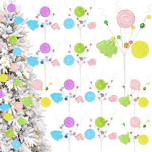 12 Pcs Christmas Tree Ornaments Candy Land Macaron Lollipop Pastel Christmas Tree Toppers Picks Filler Decorations for Wreath Vase Home Party Candyland Decor