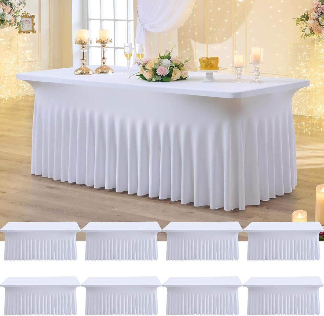 8 Pack Spandex Tablecloth for 6 Foot Rectangle Tables, Wrinkle Free Stretch Table Cloths 6ft Fitted Table Cover Desk Skirt for Parties Weddings Birthday Banquet Baby Shower, White