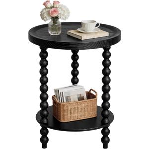 Round 2 Tier Side Table, End Table with Storage Shelf, Modern Nightstand Beside Table for Living Room, Bedroom, (Black, Normal, Wood)