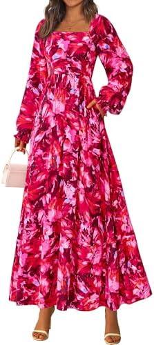 RETTYGARDEN Women Floral Maxi Dresses 2025 Fall Long Sleeve Square Neck Boho A Line Wedding Guest Casual Flowy Long Dress, Small