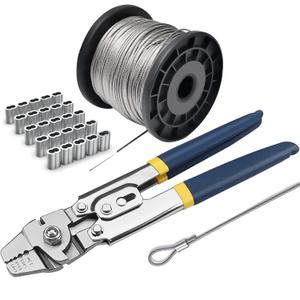 Wire Rope Crimping Tool Kit, with 1/16-304 Stainless Steel Cable 165 ft (7x7 Strand Core), 100 Cable Ferrule Aluminum Loop Sleeve Stops (165ft Rope 100 Loop, blue, 1)