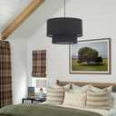 VILUXY Modern Black Chandelier Fabric Pendant Light Fixture Double Drum Shade Hanging Ceiling Chandelier 3 Lights Round Linen for Bedroom Dining Room Living Room Foyer, Black