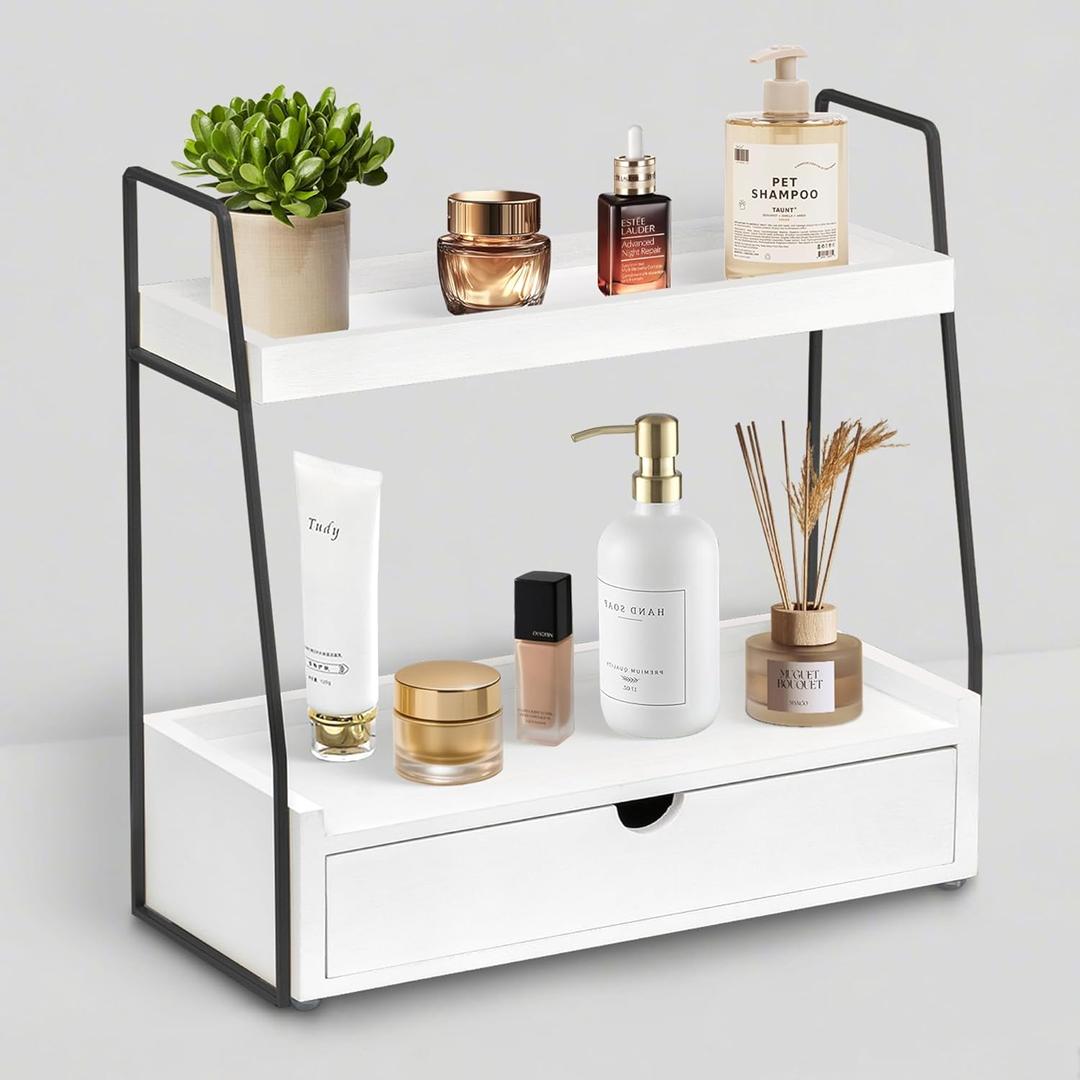 2-Tier Bathroom Organizer Countertop with Drawer, Wood Counter Organizer for Bathroom Decor, Sink Shelf for Vanity Storage, Makeup Tray for Perfume Skincare, Spice Rack Bedroom Kitchen Corner