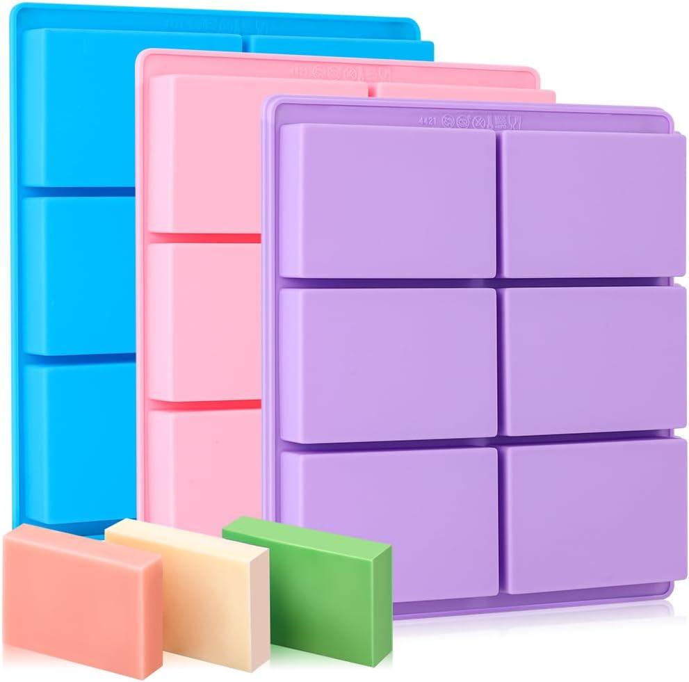 SJ Silicone Soap Molds 3 Packs, Rectangle Soap Molds for Soap Making, 6 Cavity Mold for Homemade Craft Soap Mold, Jelly, Chocolate & Ice Cube Trays(Blue, Purple & Pink)
