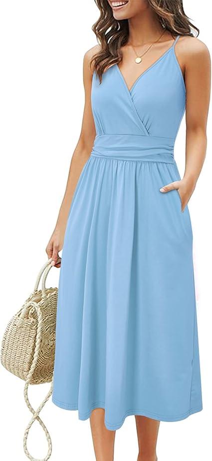 OUGES Women's Summer Spaghetti Strap V-Neck Floral Short Party Dress with Pockets, XL
