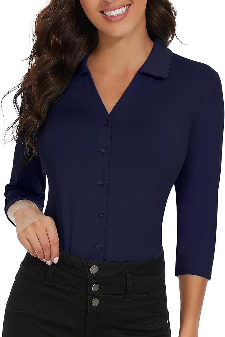 Soneven Womens Golf Polo Shirts 3/4 Long Sleeve V Neck Button Down Shirts Business Causal Work Blouses Tops (2XL)