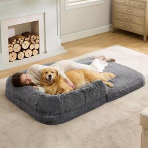 Bedsure Foldable Human Size Giant Dog Bed for Adults, 2 in 1 Calming Pet Bed with Egg Foam Supportive Mat and Waterproof Liner, Faux Fur Orthopedic Sofa, Dark Grey (Foldable Size(71x43x10"))