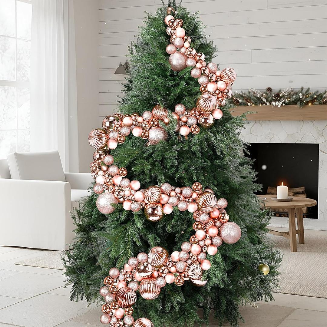 9.8 Ft Christmas Ball Garland Ornaments Bauble Garland Glitter Shatterproof Christmas Tree Ball Ornaments for Xmas Party Supplies Home Indoor Outdoor Decoration(Rose Gold)