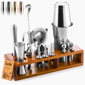 Barillio Bartender Kit  23-Piece Stainless-Steel Cocktail Shaker Set with Premium Acacia Stand | Martini Barware Mixing Tools for Home Bartending | Gift Set