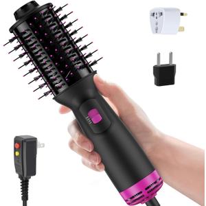 Dual Voltage Mini Hair Dryer Brush with UK/EU Plug, Blow Dryer Brushes 120V - 240V for European Travel, One Step Hair Dryer and Styler Volumizer with Negative Ion Anti-frizz Styling Brush (Black Pink)
