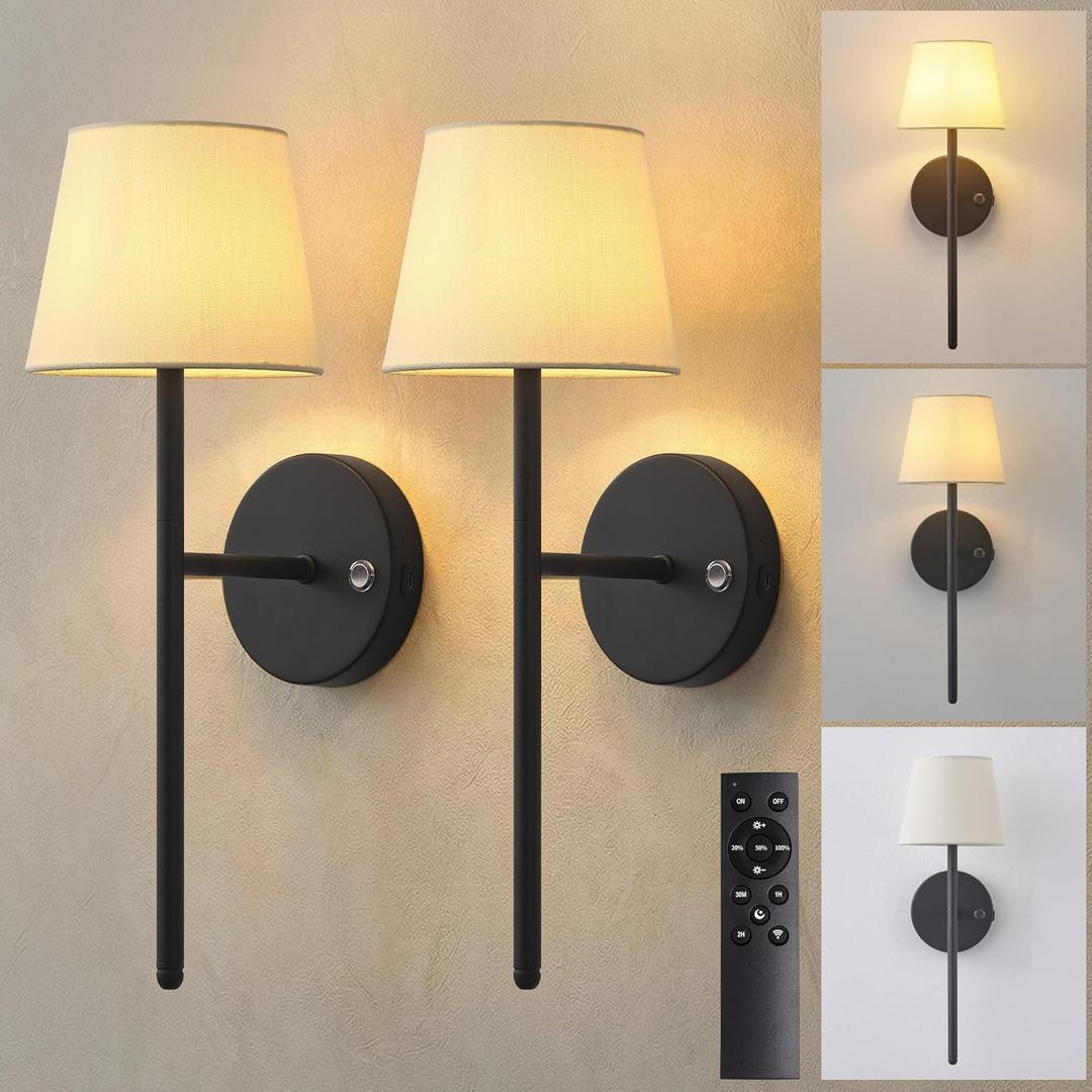Battery Operated Wall Sconce Set of 2, Small LED Rechargeable Wall Lights with Remote, 5200mAh Dimmable Fabric Shade Cordless Wall Lamp for Bedside, Bedroom, Hallway, Living Room, Gifts (Black)