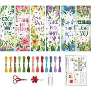 ORIGACH 6 Pcs Cross Stitch Bookmark Kit for Beginner Flowers Sayings DIY Stamped Embroidery Bookmark Kit for Starter Printed Cross Stitch Kits with Instruction for Book Lovers