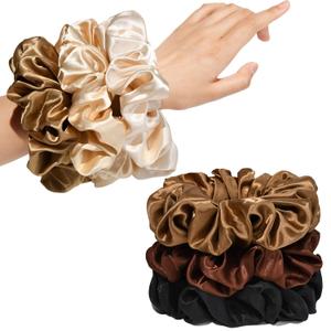 CEELGON Large Silk Satin Scrunchies for Women Big Scrunchies Jumbo Satin Hair Ties Oversized Hair Scrunchies for Thick Curly Hair Pack of 6 (Black,Champagne,Brown,Gold)