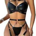 Lilosy Sexy Pu Leather Strappy Underwire Garter Belt Lingerie Set, Size Medium, Black