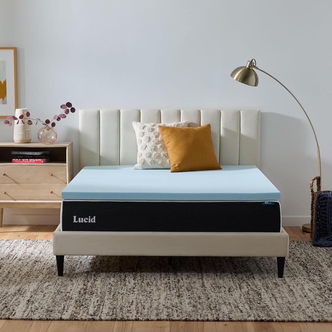 Lucid 2 Inch Memory Foam Mattress Topper, Twin XL Size Cooling Gel Bed Topper Pressure-Relieving Plush Feel Ventilated Breathable Design CertiPur Certified - Dorm Essentials