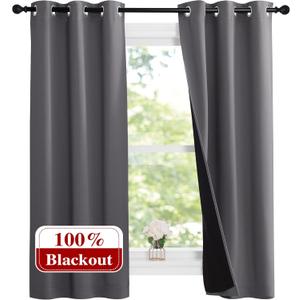 NICETOWN 100% Blackout Short Curtains with Black Liners, 2 Panels, 37" W by 60" L, Grey, Solid Thermal Insulated Full Blackout 2-Layer Lined Drapes, Energy Efficiency Window Draperies for Bedroom