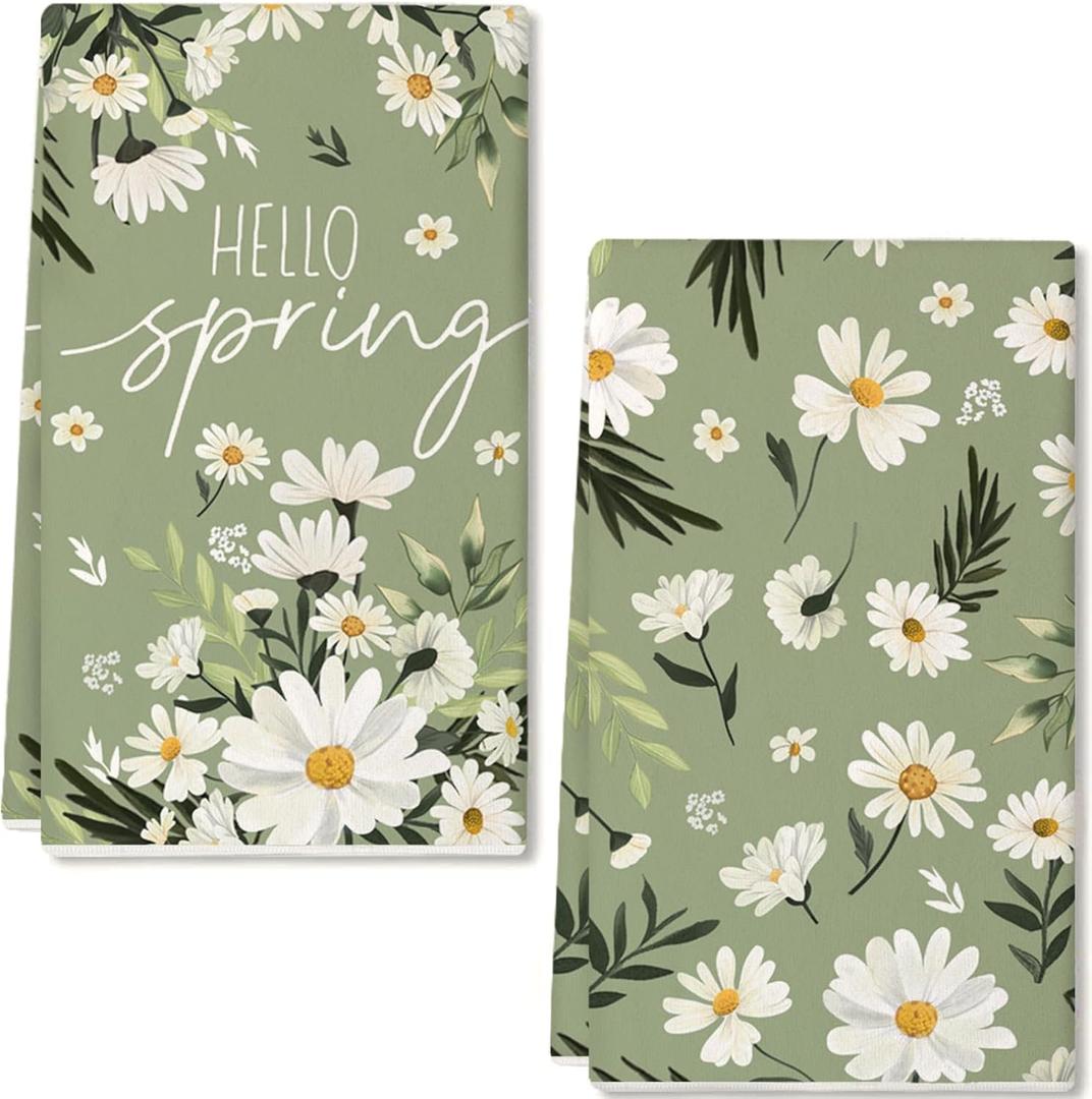 GEEORY Wildflower Hello Spring Summer Kitchen Towels Set of 2,18x26 Inches White Dish Cloths -Floral Leaves Farmhouse Design,Holiday Hand Towels for Spring Decor & Gifting
