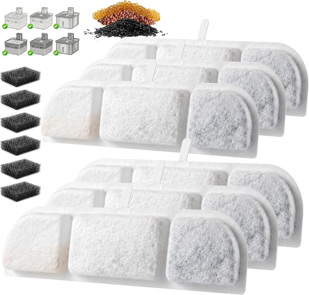 2 x 6 Pack Cat Water Fountain Filter Replacement, Fits Wireless Cat Fountain Filter, Multi-Layer Filtration Pet Fountain Filter Replacement, 6 Filters + 6 Pre-Filter Sponges
