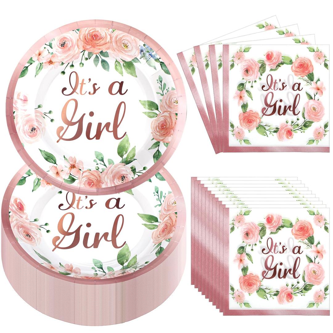 Umigy 100 Pcs Baby Shower Decorations Set for 50 Guests Baby Shower Paper Plates and Napkins for Gender Reveal Disposable Utensils Tableware Birthday Party Supplies(It's A Girl)