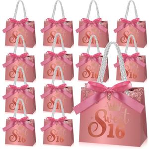 Spakon 25 Pcs Sweet 16 Party Favors for Guests 16 Years Birthday Party Gift Bags with Handles and Ribbons Sweet 16 Candy Bags Paper Gifts Bag for Birthday Decorations