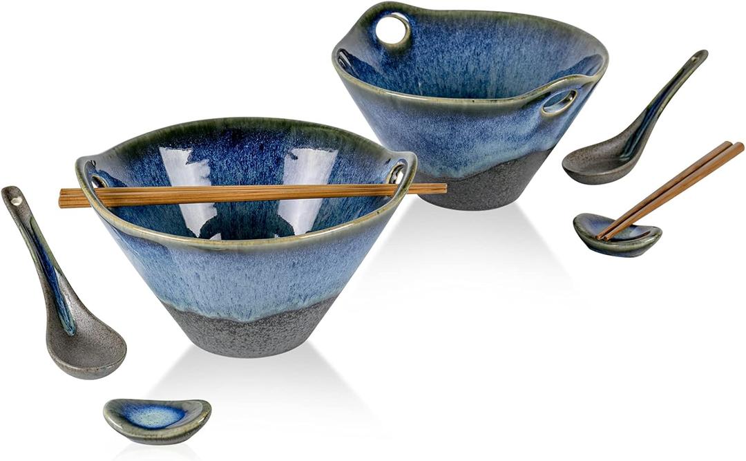 UNICASA Japanese Ramen Bowl Set with Chopsticks, Spoons and Rests, 26oz Deep Porcelain Noodle Bowl Set of 2 for Udon, Pho, Salad, Soup (Volcano Blue)