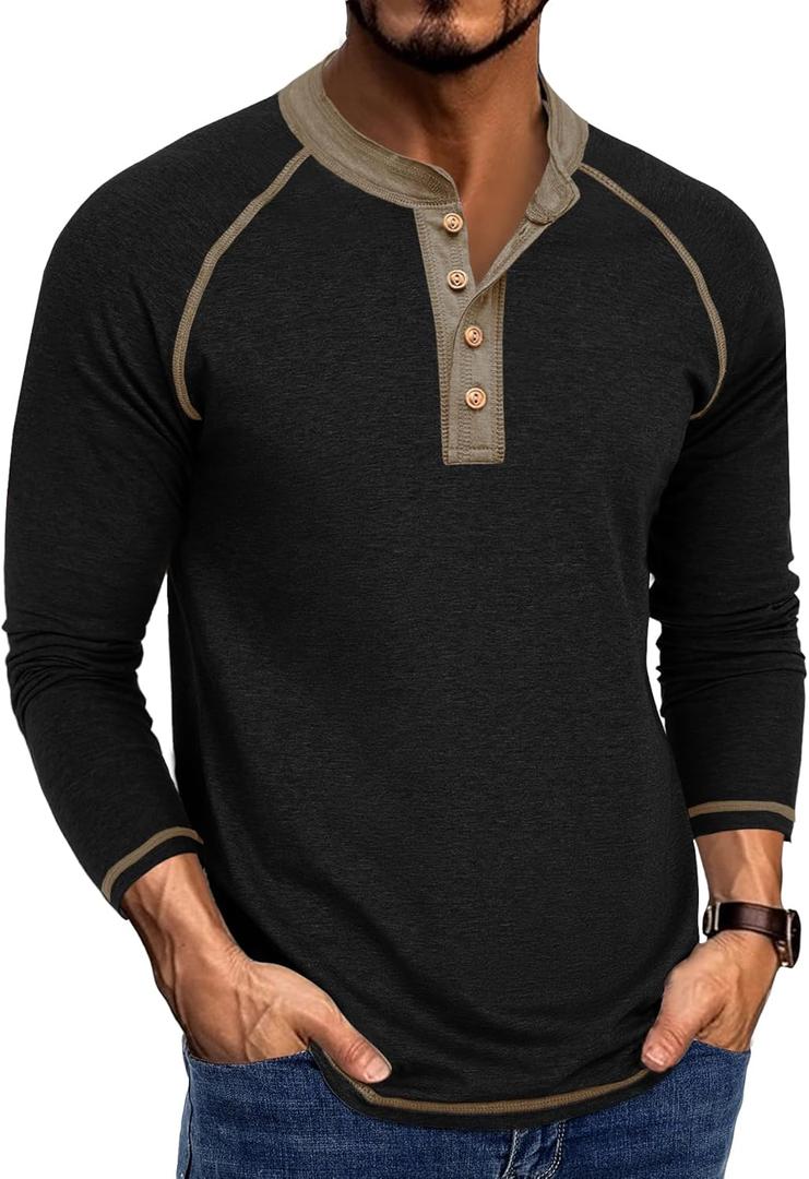 Uposiut Mens T-Shirts Henley Shirts Long Sleeve Casual Cotton Mens Shirts Tee Shirts (3X-Large, Black)