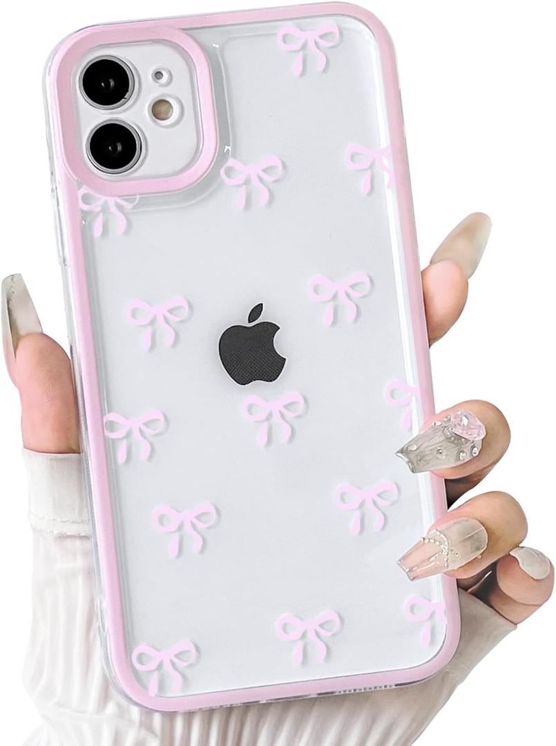 NITITOP Compatible with iPhone 11 Case Cute Clear Durable Ribbon Bowknot Pattern for Girls Women Soft TPU Transparent Full Camera Lens Shockproof Protective Phone Cover - Pink