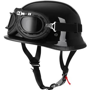 Helmet Half Shell German Motorcycle Helmet with Cycling Glasses - DOT Approved (Large, Light Black)