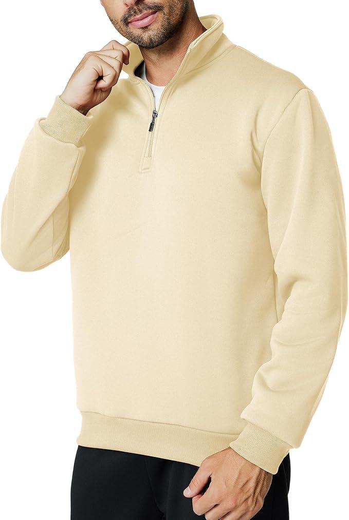 Men's Quarter Zip Up Pullover Long Sleeve Mock Neck Sweatshirt Casual Slim Fit Fleece Sweaters Size L Khaki