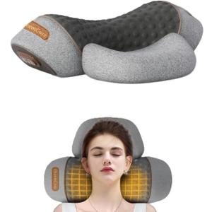 3-in-1 Neck Massager Pillow with Heating & Traction & Vibration, 3D Ergonomic Cervical Pillow for Neck Back Shoulder Pain Relief,Light Grey