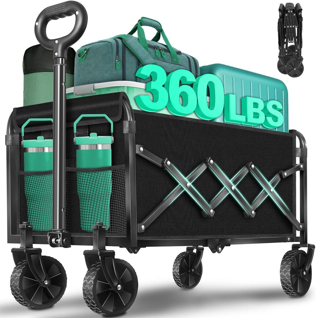 Collapsible Wagon Cart with Wheels Foldable: 360LBS Heavy Duty Folding Utility Wagon - Portable All Terrain Grocery Wagon Cart for Groceries Shopping Outdoor Camping Fishing Sports (Black) 26.4"D x 17.3"W x 41.3"H