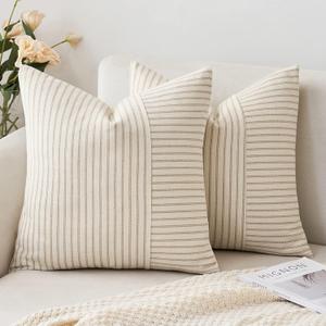 MIULEE Khaki and Beige Patchwork Farmhouse Pillow Covers 18x18 Inch, Pack of 2 Striped Linen Decorative Modern Accent Pillow Cases for Sofa Couch Bedroom (18" x 18" (Pack of 2))