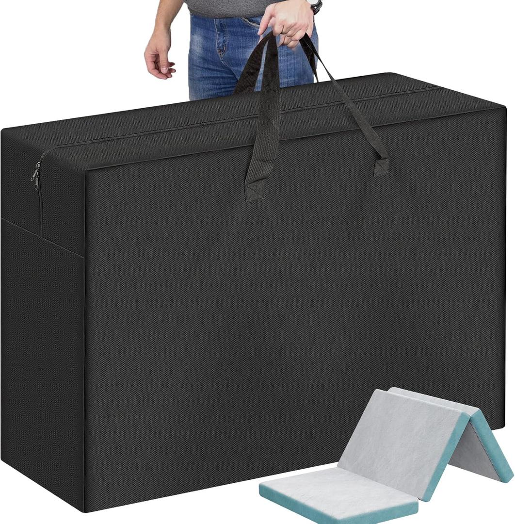 Foldable Mattress Storage Bag, 55"x13"x26" Portable Waterproof Carry Case for Trifold Memory Foam Full Folding Mattress, 600D Oxford Heavy Duty Camping Cots Bag, Black