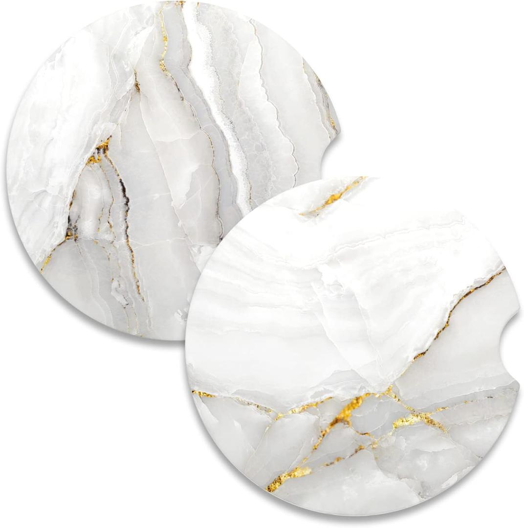 Nipichsha Car Coaster for Cup Holders, 2 Pack Absorbent Ceramic Car Cup Holder Coaster for Drinks, Cute Auto Assecories for Women, Universal Size 2.56 in with Finger Notch & Cork Base, White Marble