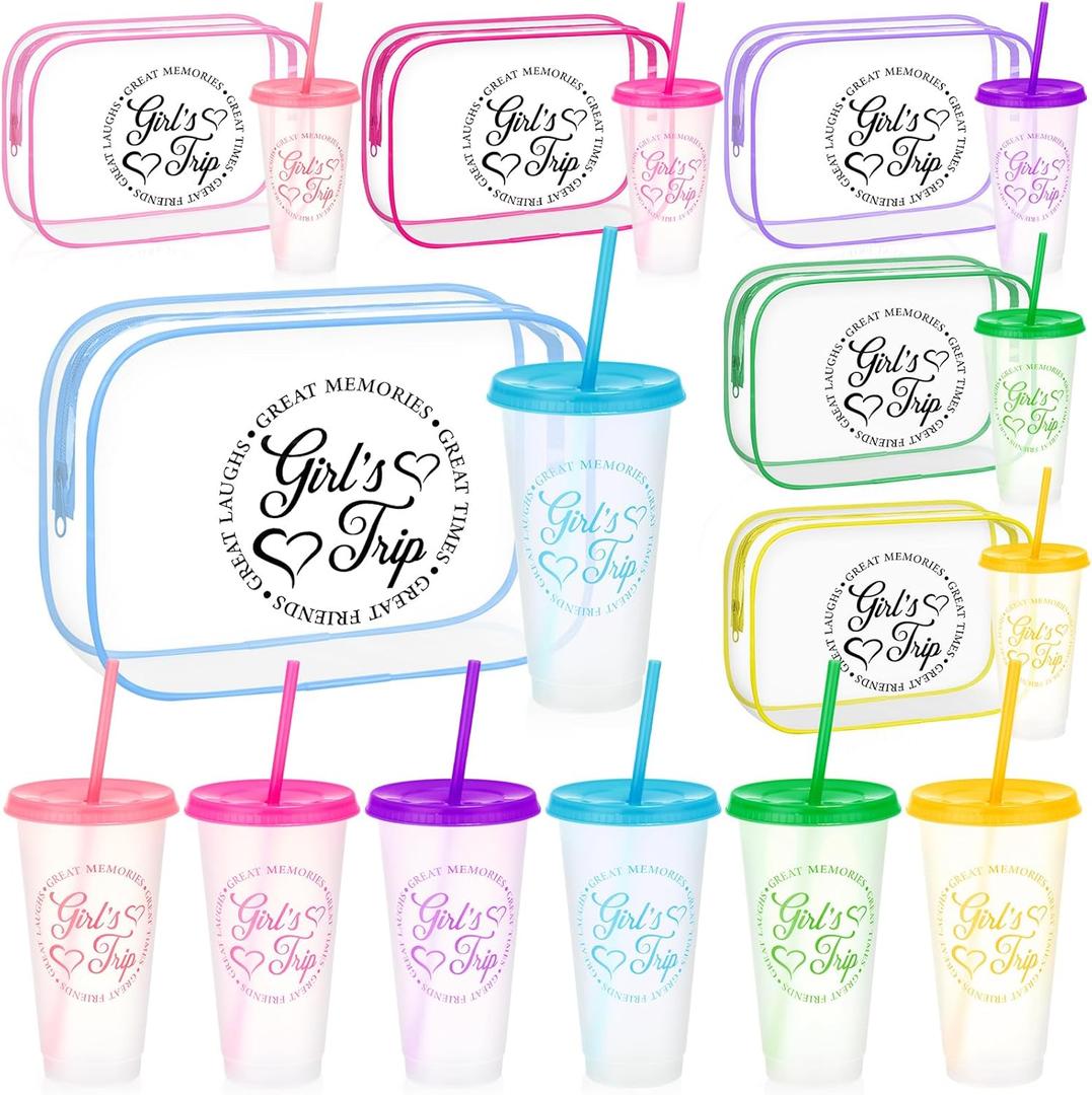 12 Pcs Girls Trip Gifts Favors for Women 6 Girls Trip Makeup Bags 6 Cups with Lids and Straws 24oz Plastic Tumbler Best Friendship Weekend Gift for Friend Bestie Sister Bachelorette Vacation