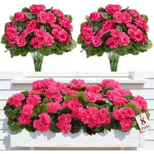 Alupssuc 8Pcs Artificial Geranium Flowers for Outdoors Decoration Silk Floral, UV Resistant Fake Plants, Faux Flower for Porch Garden Table Centerpieces Home Indoor Outside Spring Decor(8, Deep Pink)