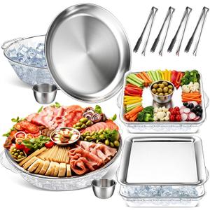 Baderke 4 Set 11.8" Chilled Serving Tray for Parties with Compartments 9" Ice Chilled Party Platter Charcuterie Serving Board 1.7 oz Dipping Bowls with Tongs for Fruit Seafood Vegetable (Natural)
