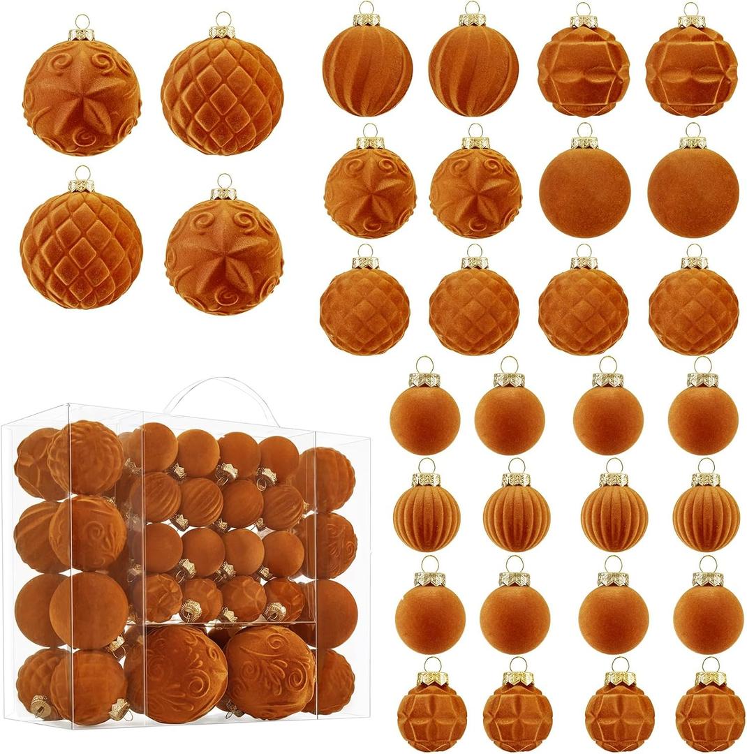 Velvet Christmas Ball Ornaments - 46pcs Flocked Christmas Tree Decorations Set Assorted Shatterproof Hanging Ornaments with Loop for Xmas Holiday Home Decor, 3 Sizes (Orange)