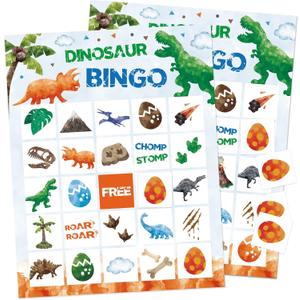 WERNNSAI Dinosaur Party Bingo Games - 24 Players Watercolor Dino Birthday Bingo Game Cards Set for Kids Boys Happy Little Dinosaurs Game Dinosaur Themed Activities for School Classroom Family Holiday