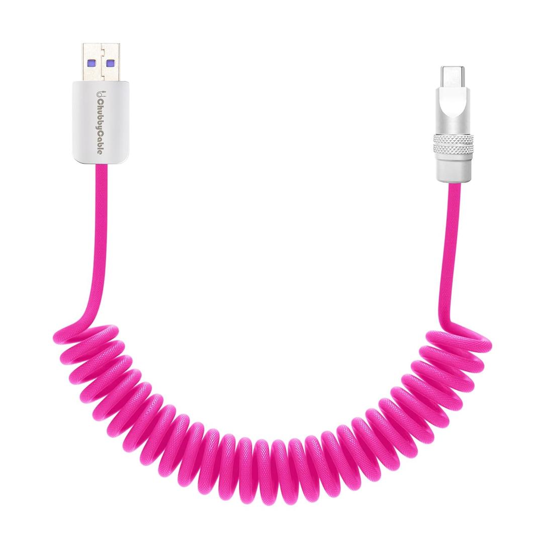 chubbycable Curly Chubby Retractable Fast Charging Cable 120W Coiled Charger Cord for Car Durable USB C Cable Compatible with iPhone 16/15 Series, Pink, USB-A to Type-C, 1.3FT-2.3FT