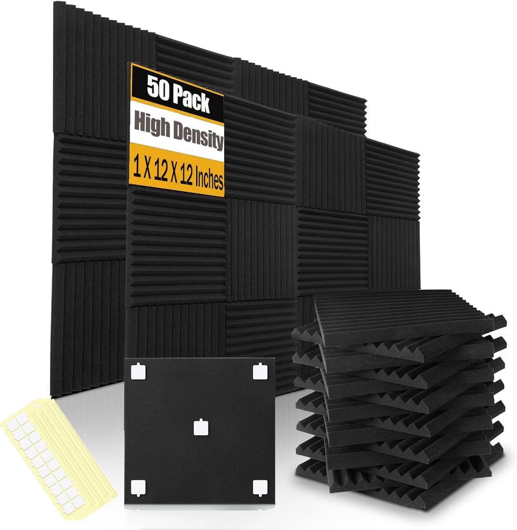 50 Pack Acoustic Foam Panels 1" X 12" X 12" Wedge Soundproof Studio Foam for Walls Sound Absorbing Panels Sound Insulation for Studio (50 Pack, Black)