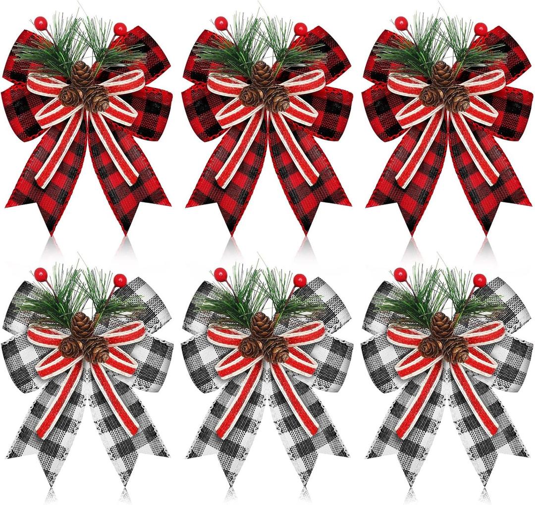 Moucuny 6 Pcs Christmas Burlap Plaid Bow with Pine Cones Pine Needles Xmas Checkered Ribbon Bow for Christmas Indoor Outdoor Farmhouse Tree Wreath Garland Craft Decor(Black and White, Black and Red)